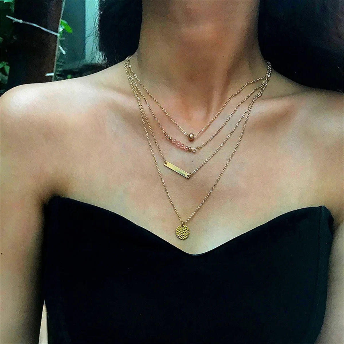 18K Gold-Plated Bar & Beaded Layered Pendant Necklace
