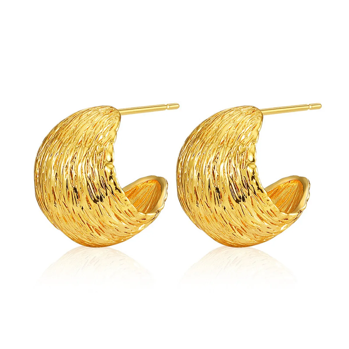 18K Gold-Plated Brushed Curved Round Stud Earrings