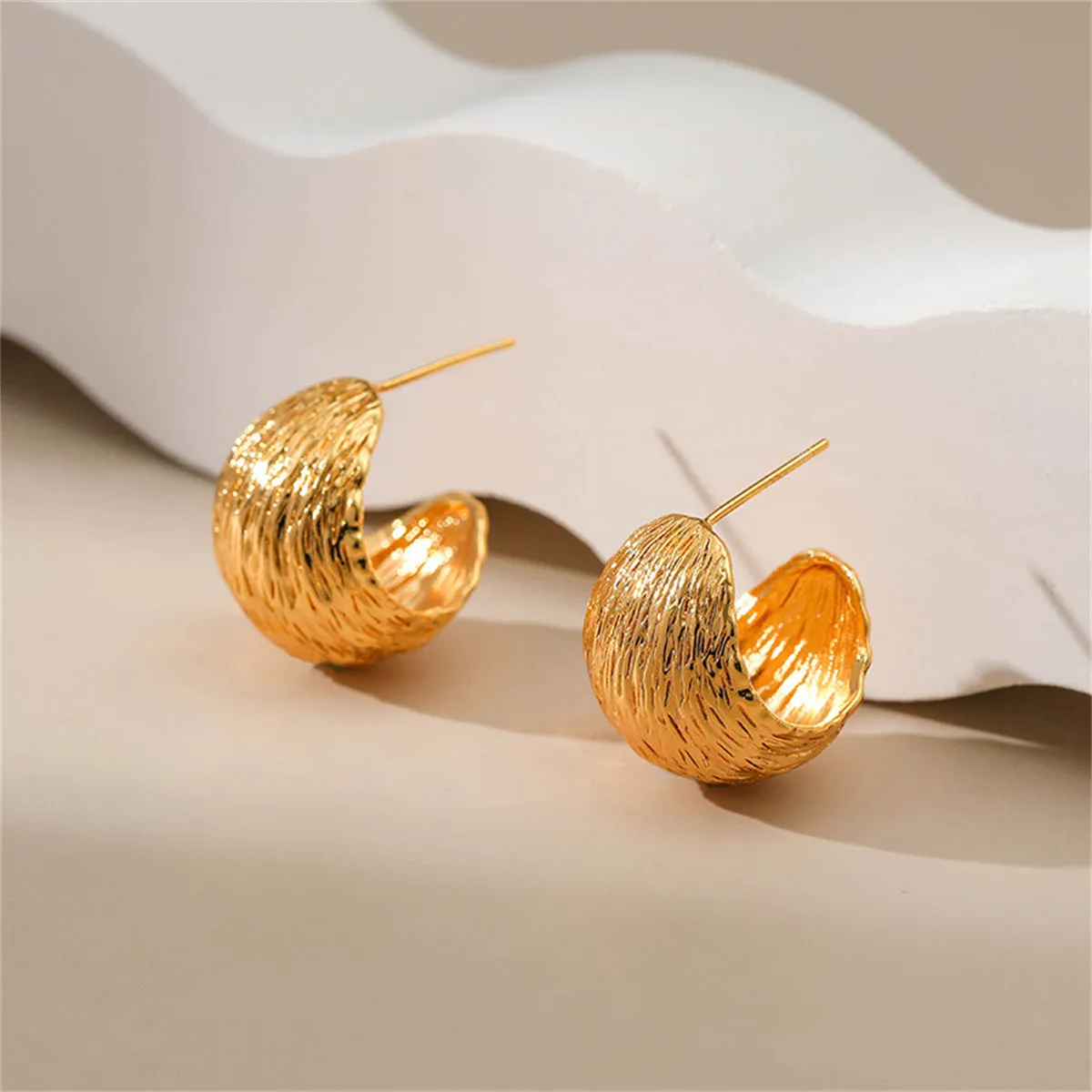 18K Gold-Plated Brushed Curved Round Stud Earrings
