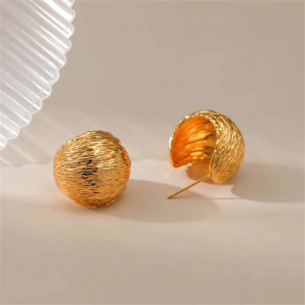 18K Gold-Plated Brushed Curved Round Stud Earrings