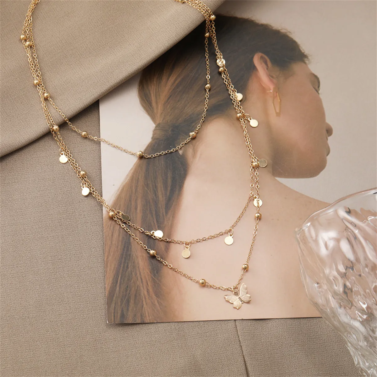 18K Gold-Plated Butterfly Layered Station Necklace