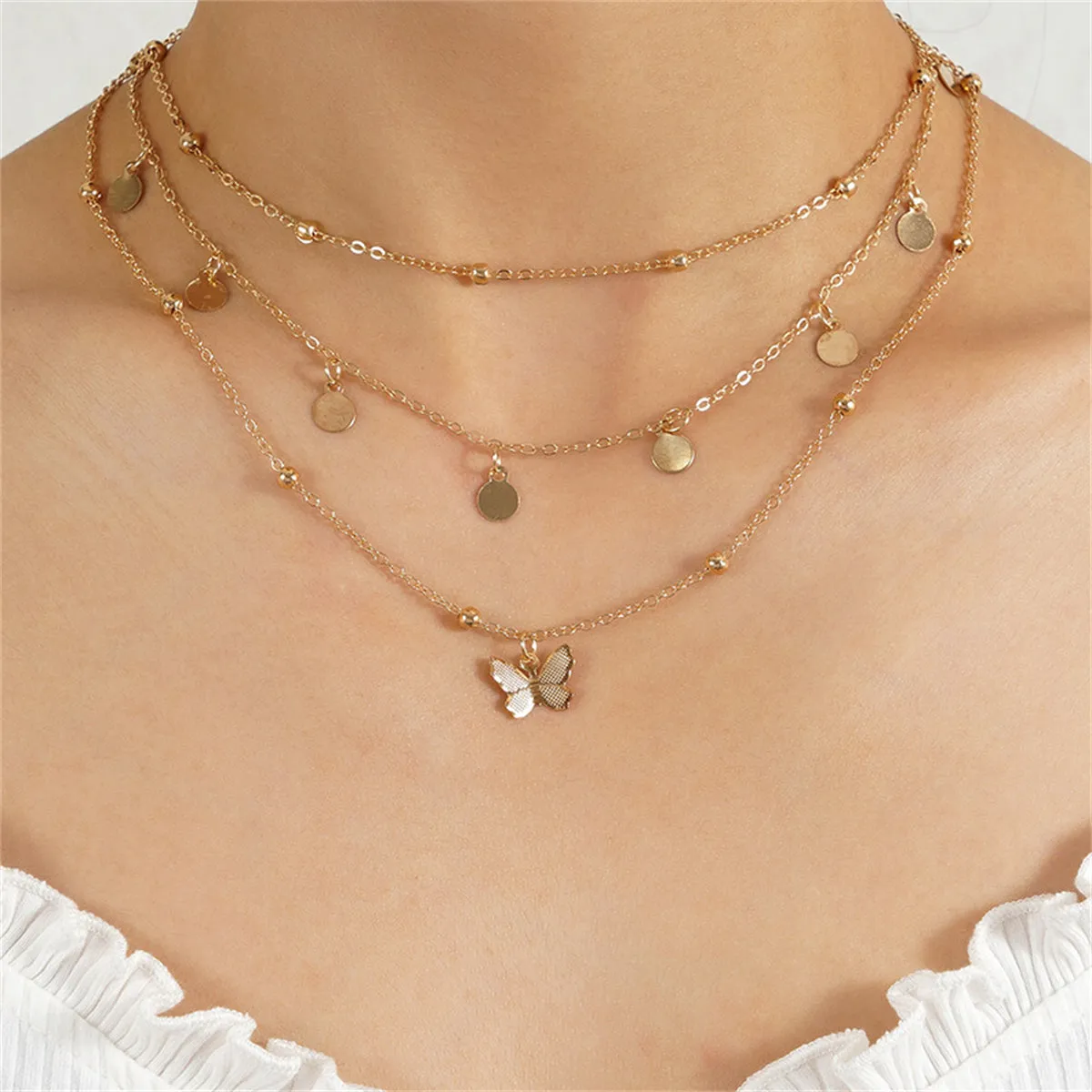 18K Gold-Plated Butterfly Layered Station Necklace
