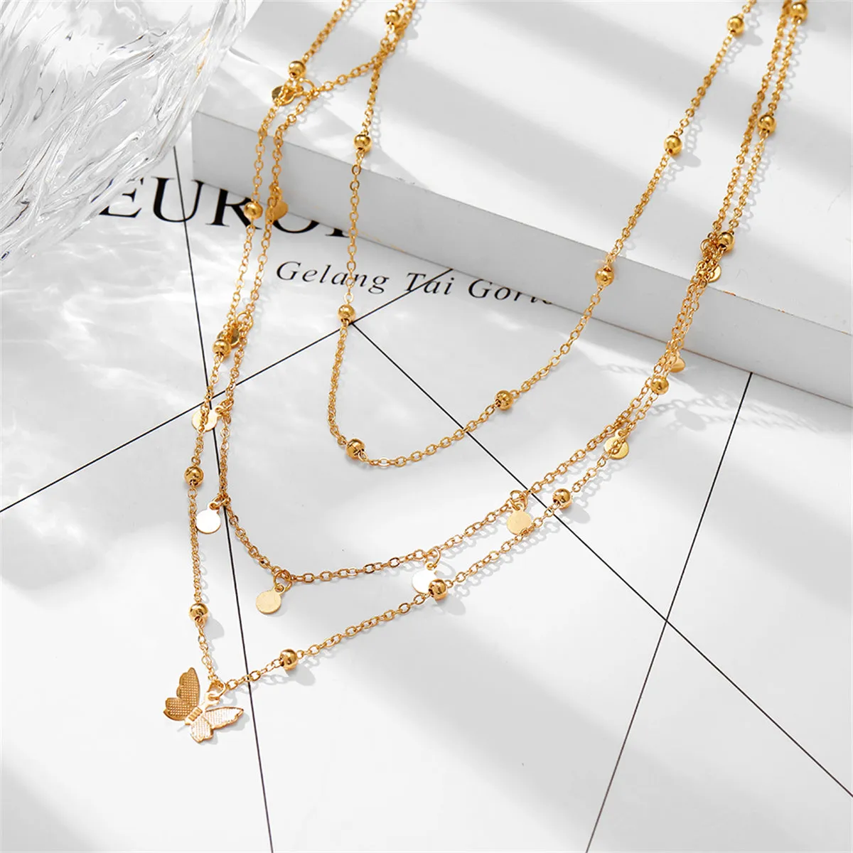 18K Gold-Plated Butterfly Layered Station Necklace