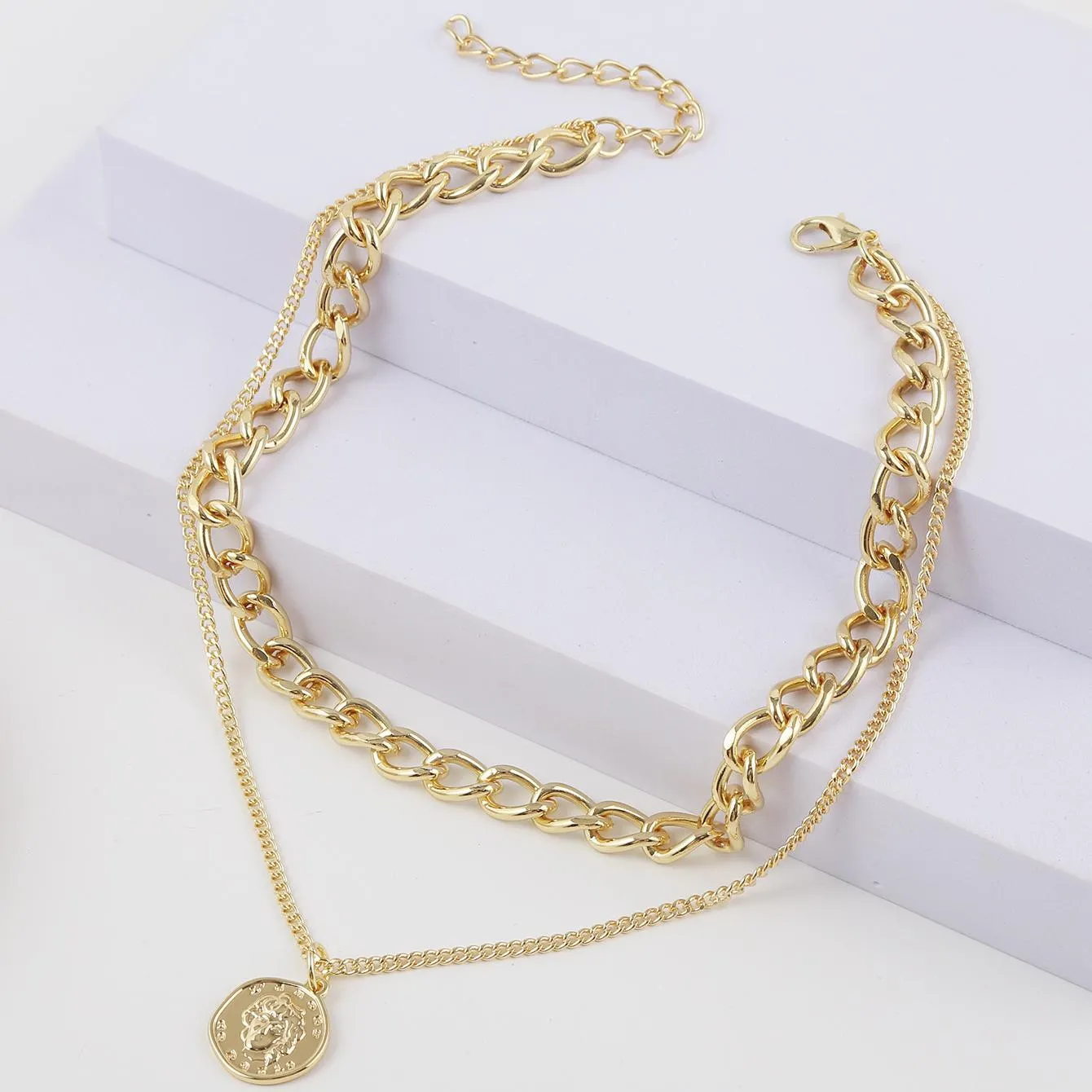 18K Gold-Plated Coin Figaro Layered Pendant Necklace