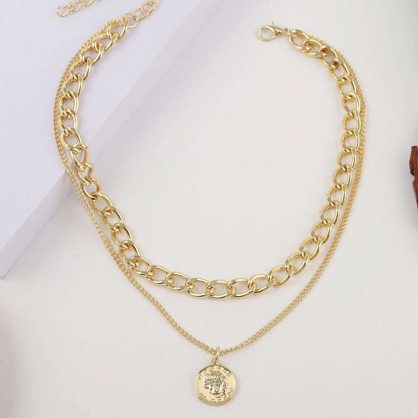 18K Gold-Plated Coin Figaro Layered Pendant Necklace