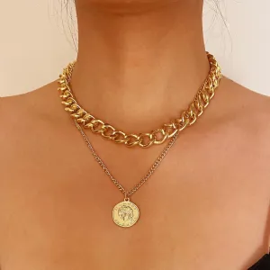 18K Gold-Plated Coin Figaro Layered Pendant Necklace