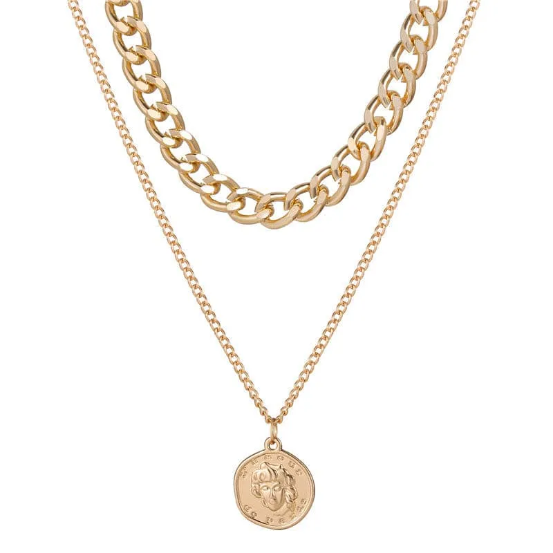18K Gold-Plated Coin Figaro Layered Pendant Necklace