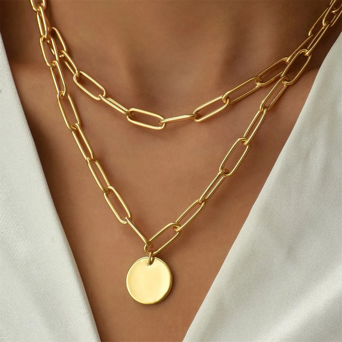 18K Gold-Plated Coin Paper Clip Chain Layered Pendant Necklace
