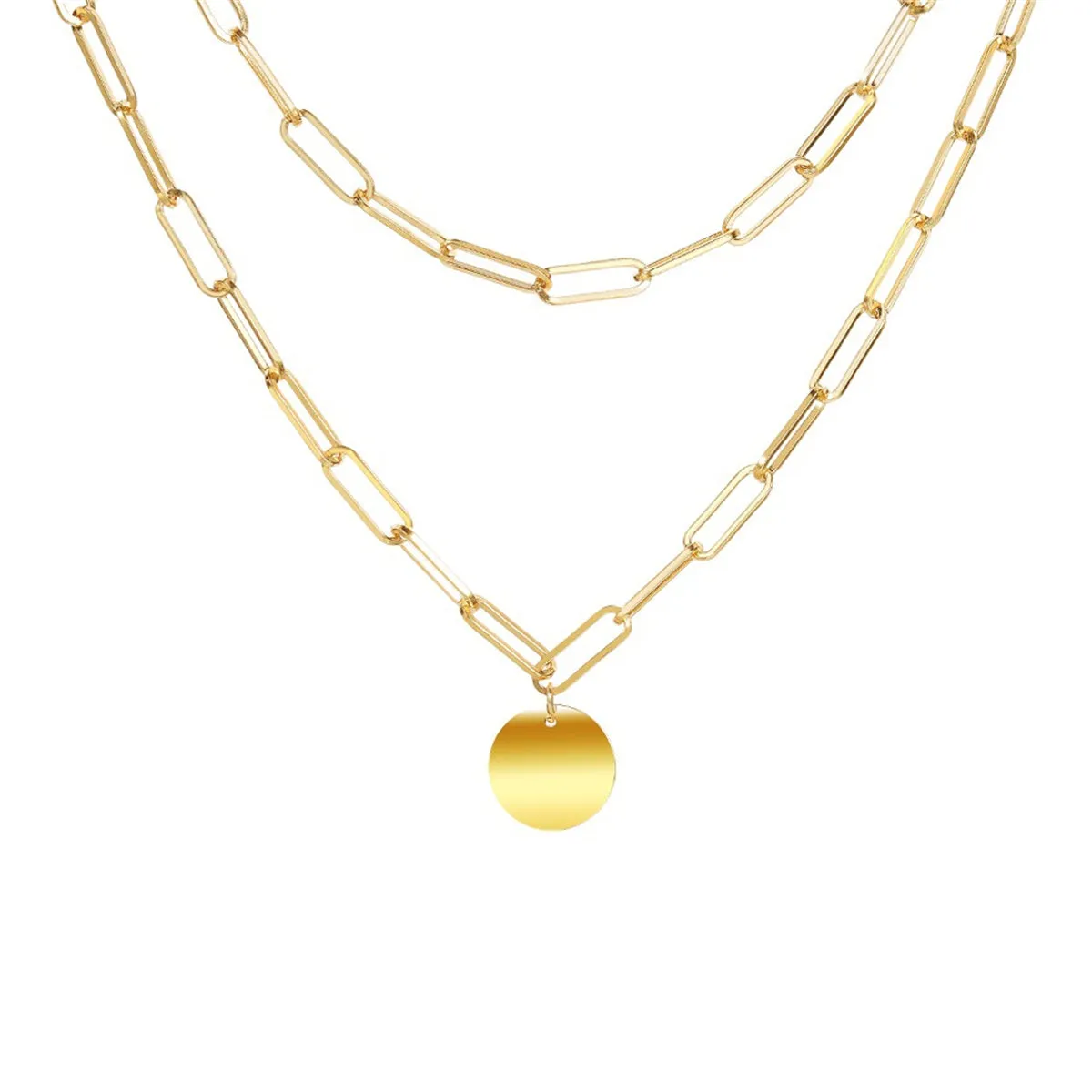 18K Gold-Plated Coin Paper Clip Chain Layered Pendant Necklace