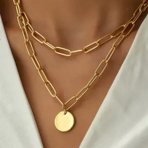 18K Gold-Plated Coin Paper Clip Chain Layered Pendant Necklace