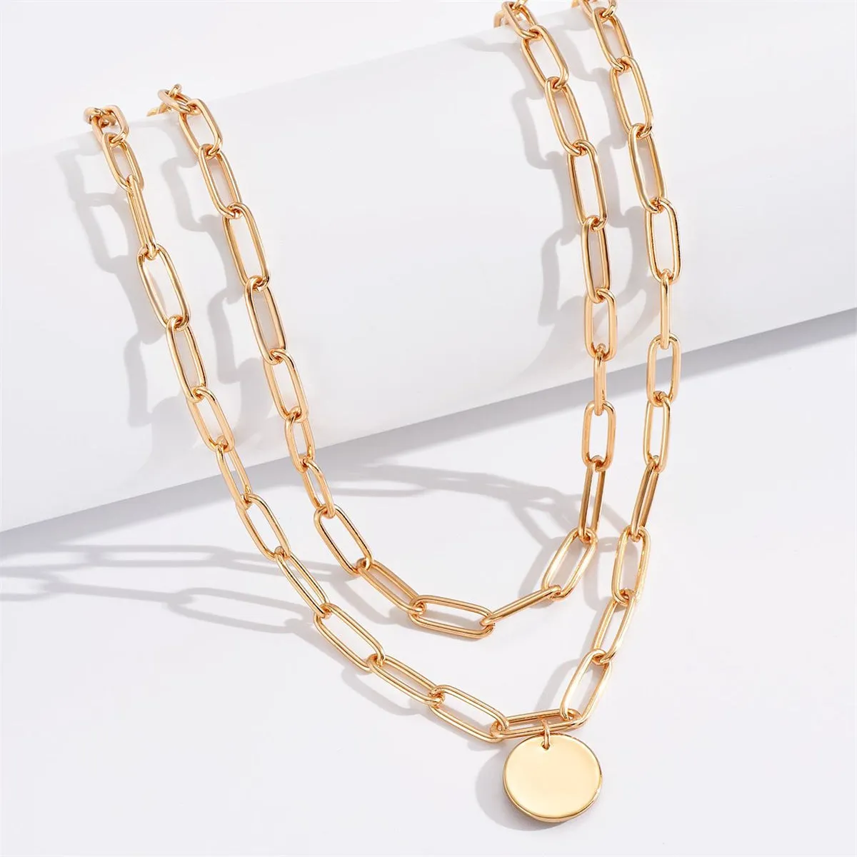 18K Gold-Plated Coin Paper Clip Chain Layered Pendant Necklace