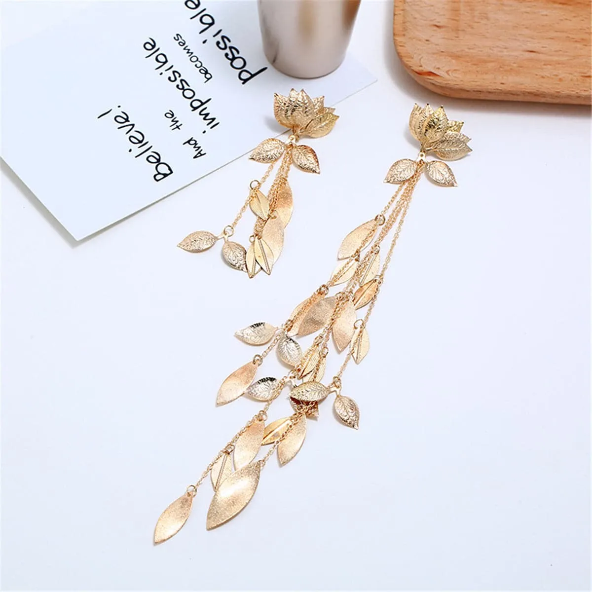 18K Gold Plated Lotus & Leaves Drop Earrings