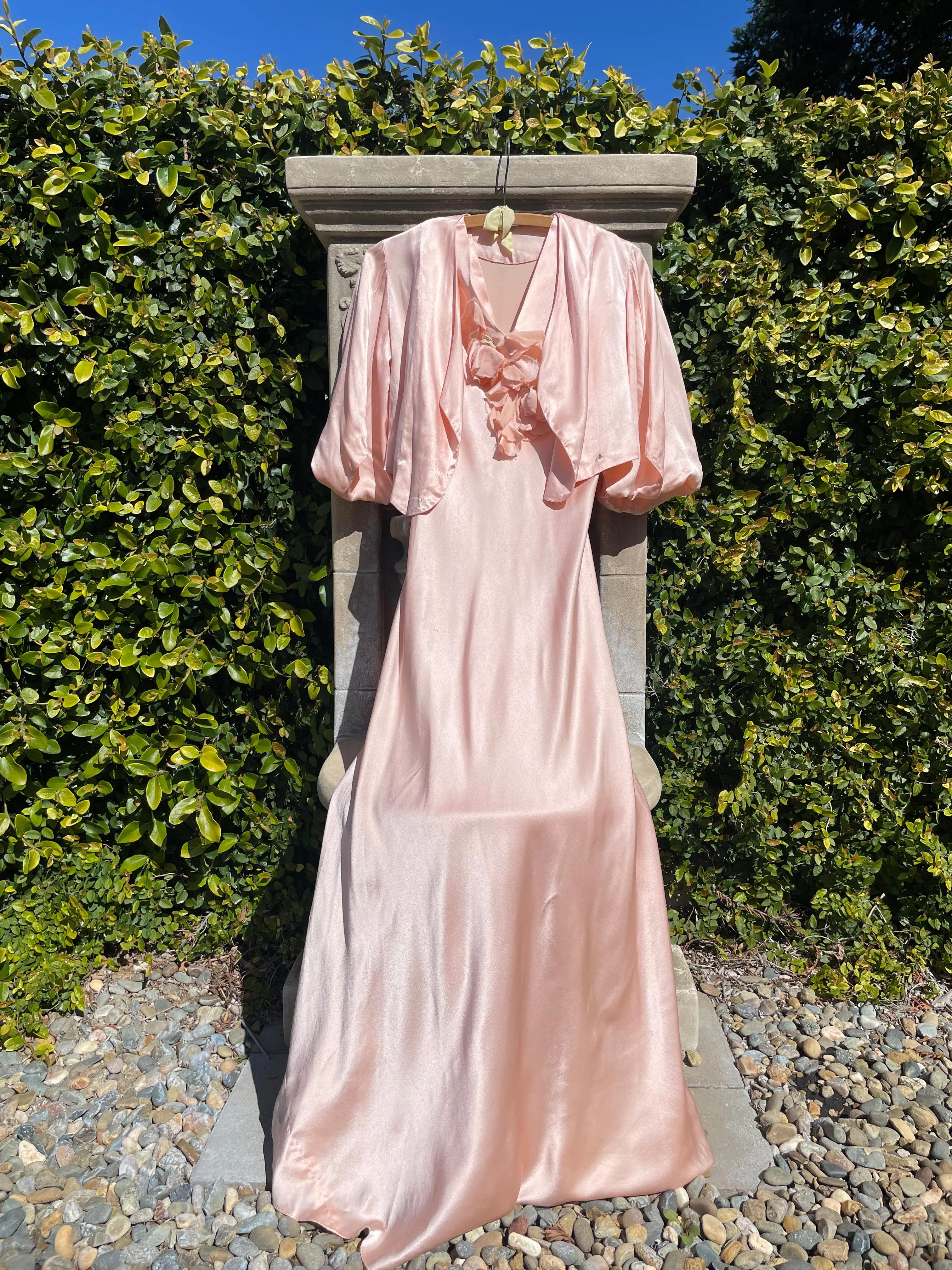 1930s Two Piece Ballet Pink Petal Sleeve Jacket & Bias Cut Dress