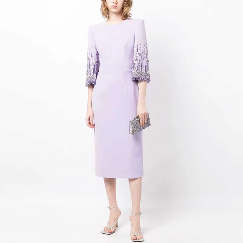 3/4 Sleeve Round-Neck Midi Dresses Tailored Formal Dress