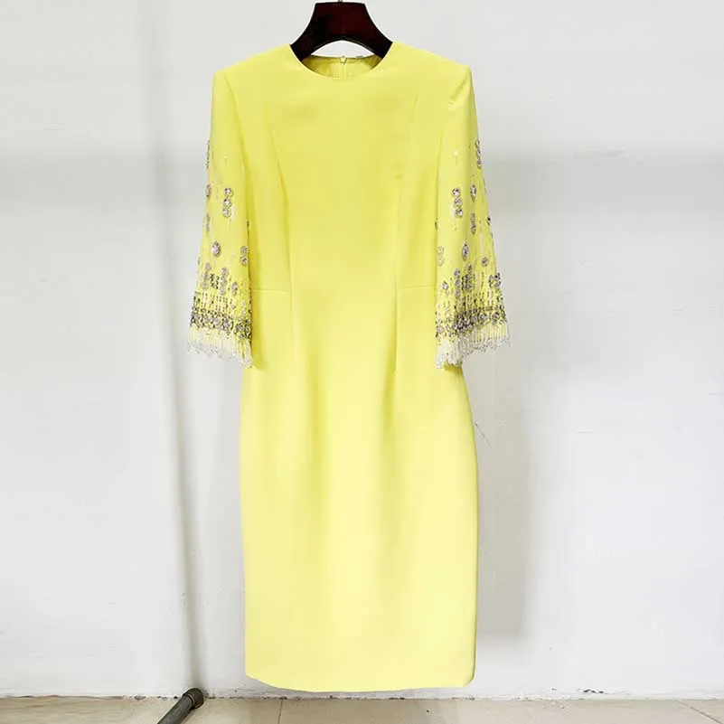 3/4 Sleeve Round-Neck Midi Dresses Tailored Formal Dress