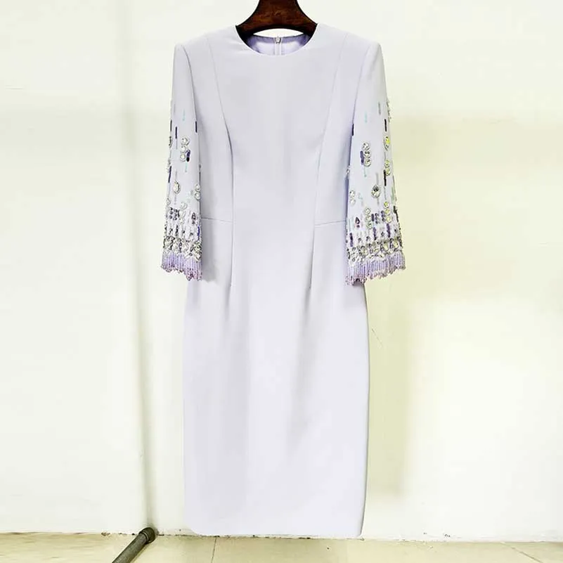 3/4 Sleeve Round-Neck Midi Dresses Tailored Formal Dress