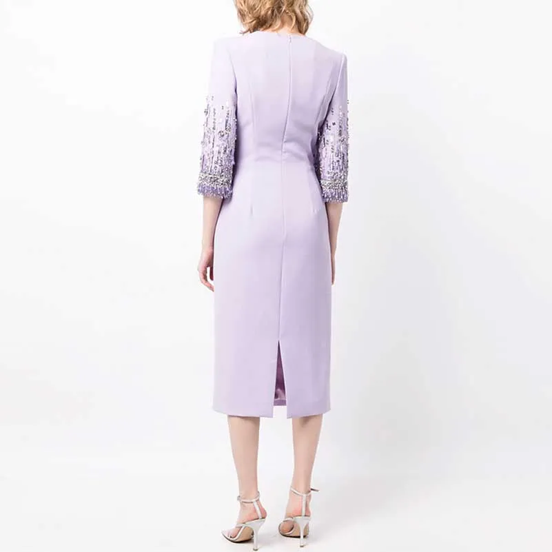 3/4 Sleeve Round-Neck Midi Dresses Tailored Formal Dress