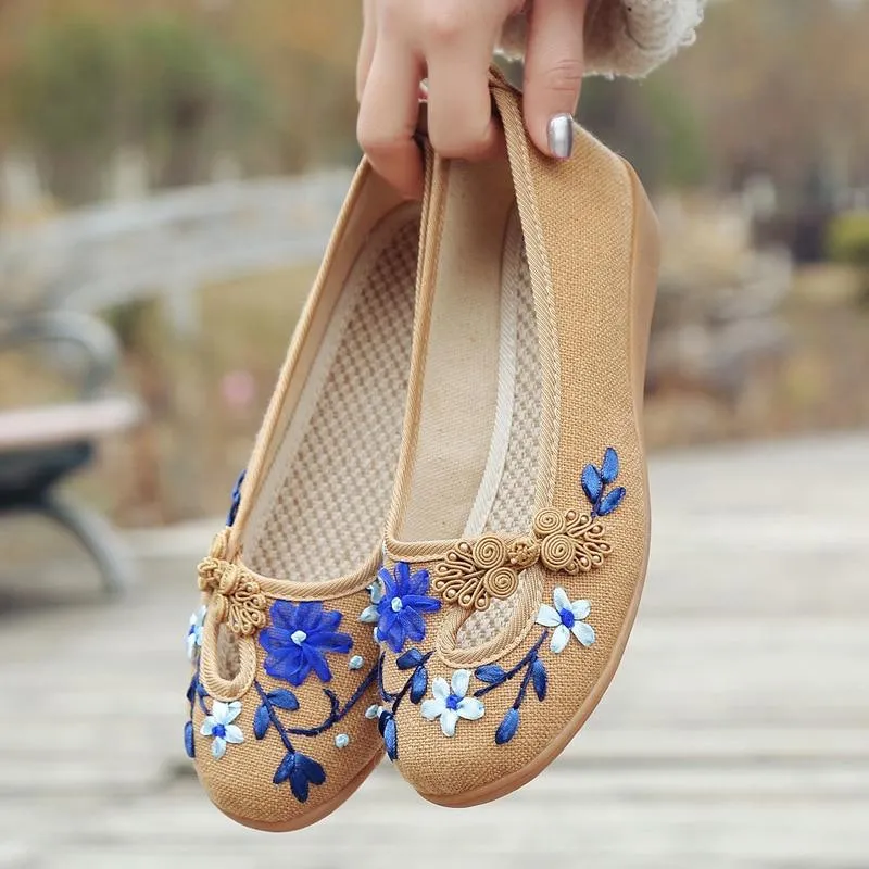 3D Flowers Linen Slip On Ballet Flats Breathable Fabric Shoes