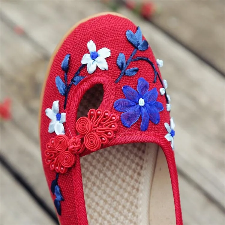 3D Flowers Linen Slip On Ballet Flats Breathable Fabric Shoes