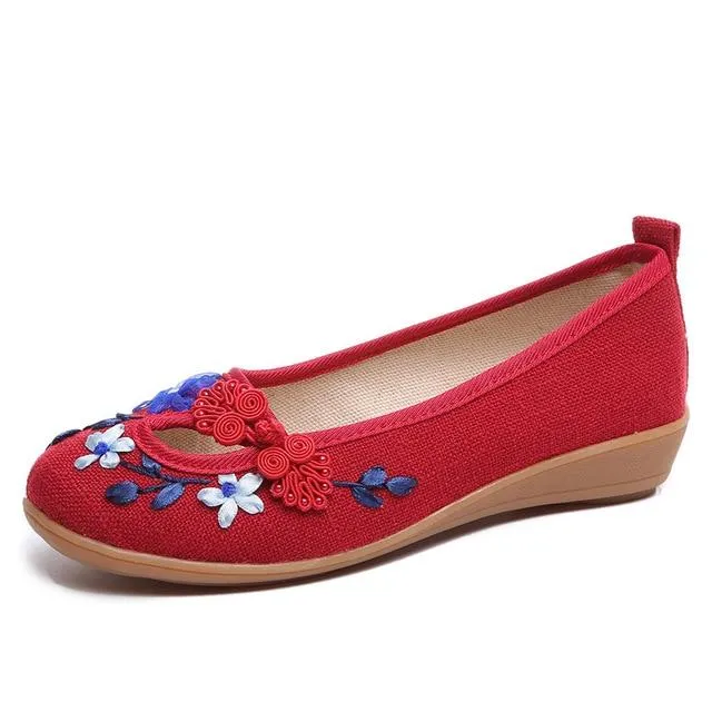 3D Flowers Linen Slip On Ballet Flats Breathable Fabric Shoes