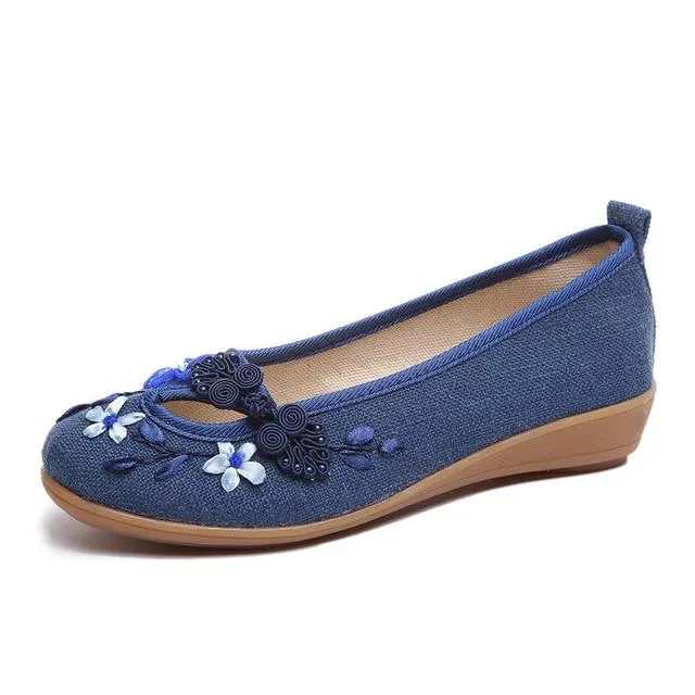 3D Flowers Linen Slip On Ballet Flats Breathable Fabric Shoes