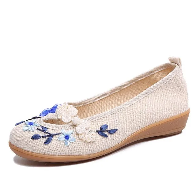 3D Flowers Linen Slip On Ballet Flats Breathable Fabric Shoes