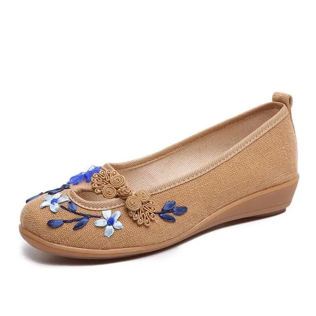 3D Flowers Linen Slip On Ballet Flats Breathable Fabric Shoes