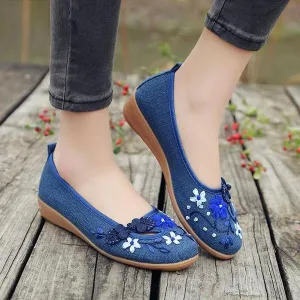 3D Flowers Linen Slip On Ballet Flats Breathable Fabric Shoes