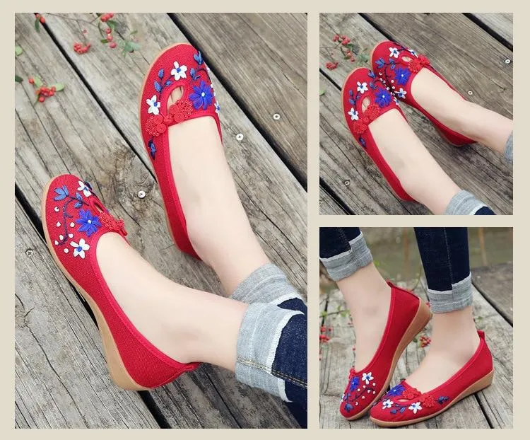 3D Flowers Linen Slip On Ballet Flats Breathable Fabric Shoes