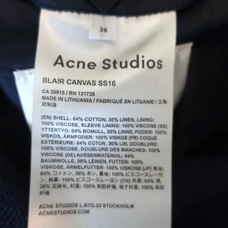 ACNE Studios Blair Coat Navy Canvas Size 38 Snap-Front Long Jacket