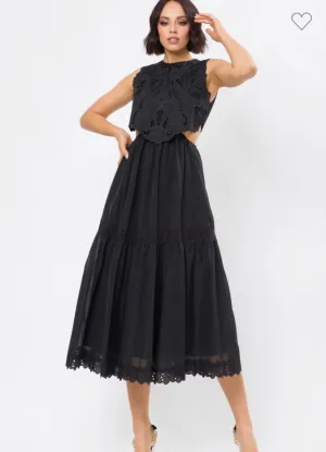 ADINA EYELET LACE SIDE CUTOUT BLACK MIDI DRESS