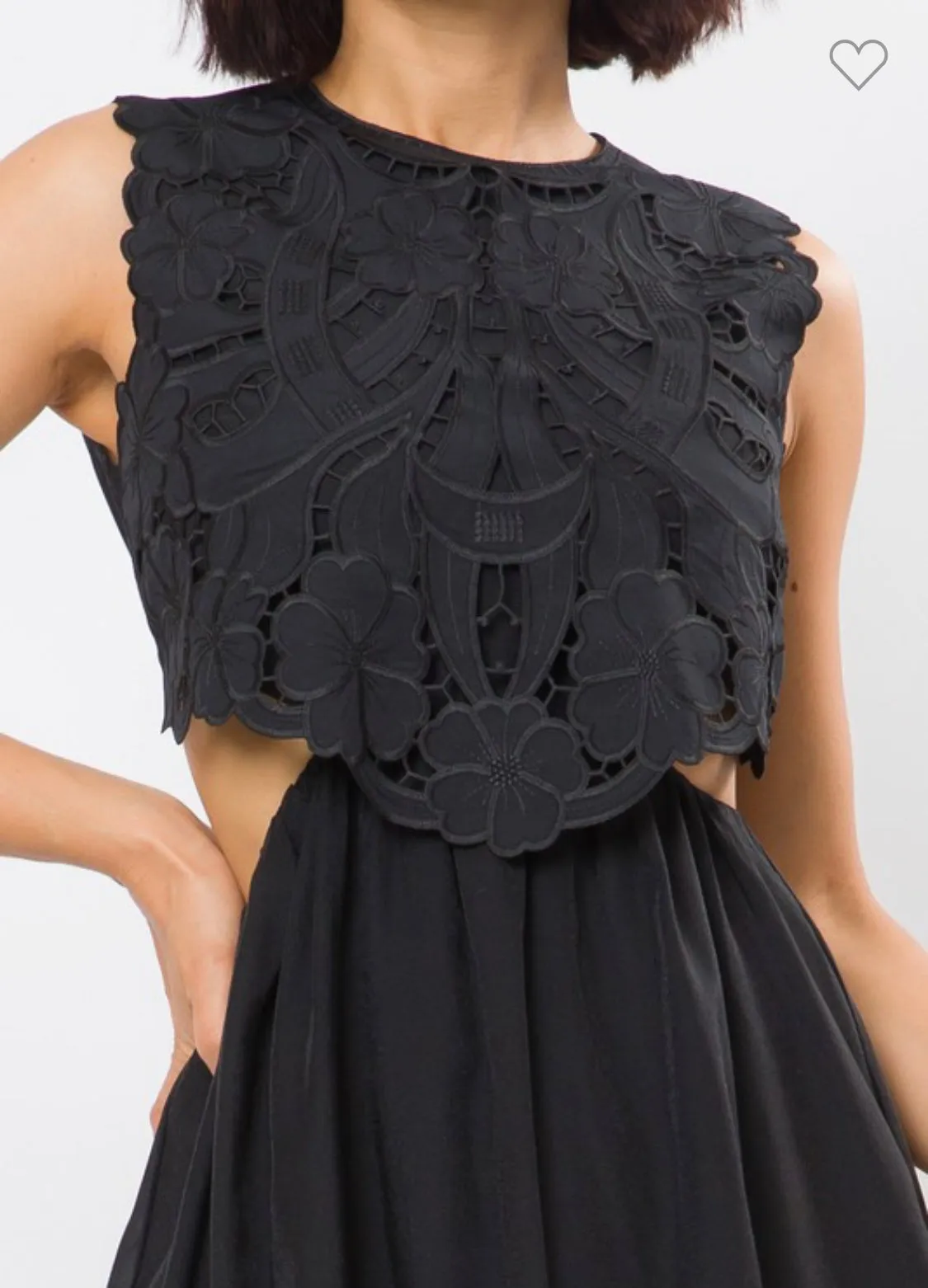 ADINA EYELET LACE SIDE CUTOUT BLACK MIDI DRESS