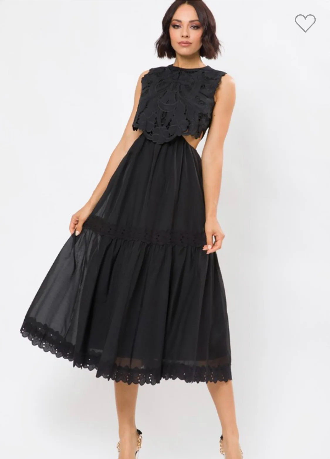 ADINA EYELET LACE SIDE CUTOUT BLACK MIDI DRESS