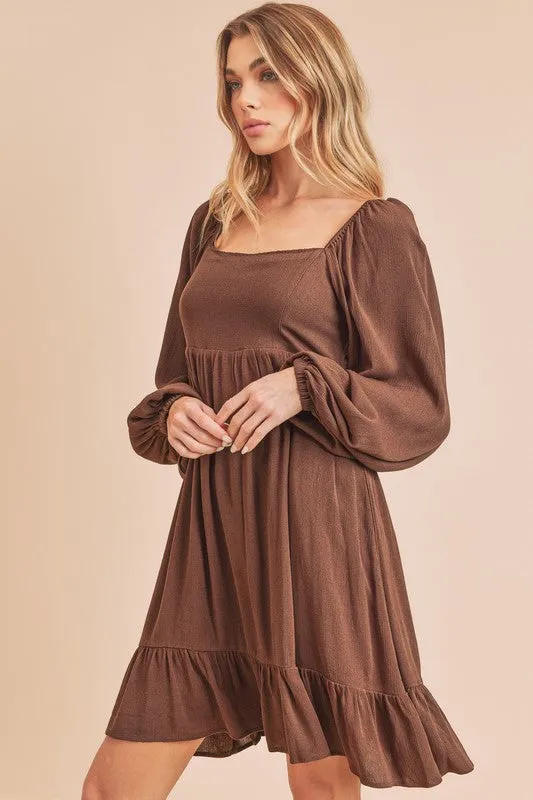 Aemi   Co Ruffled Hem Square Neck Balloon Sleeve Mini Dress