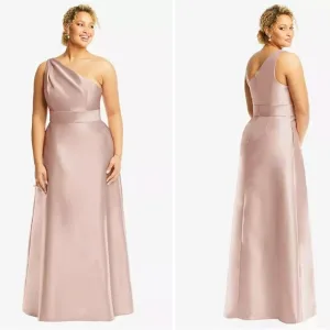 Alfred Sung Draped One-Shoulder Satin Maxi Dress Pockets Toasted Sugar 4‎ AS IS