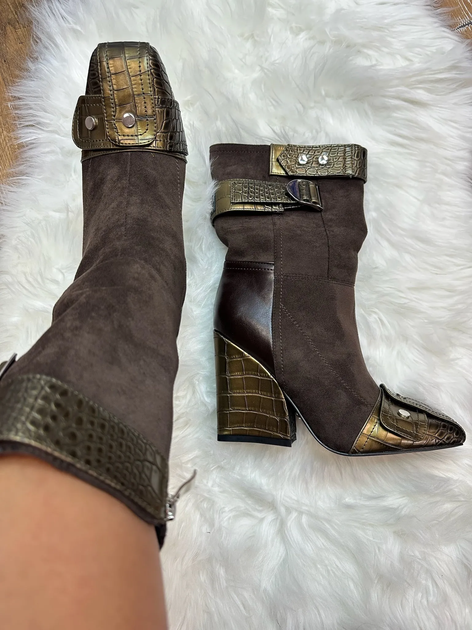 ALLONA Brown Faux Suede Embossed Wedge Bootie - Buckle Detail - Side Zipper