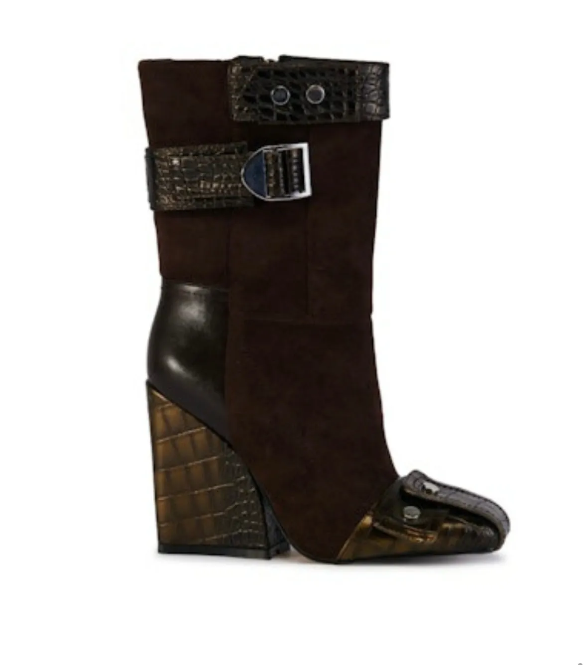 ALLONA Brown Faux Suede Embossed Wedge Bootie - Buckle Detail - Side Zipper