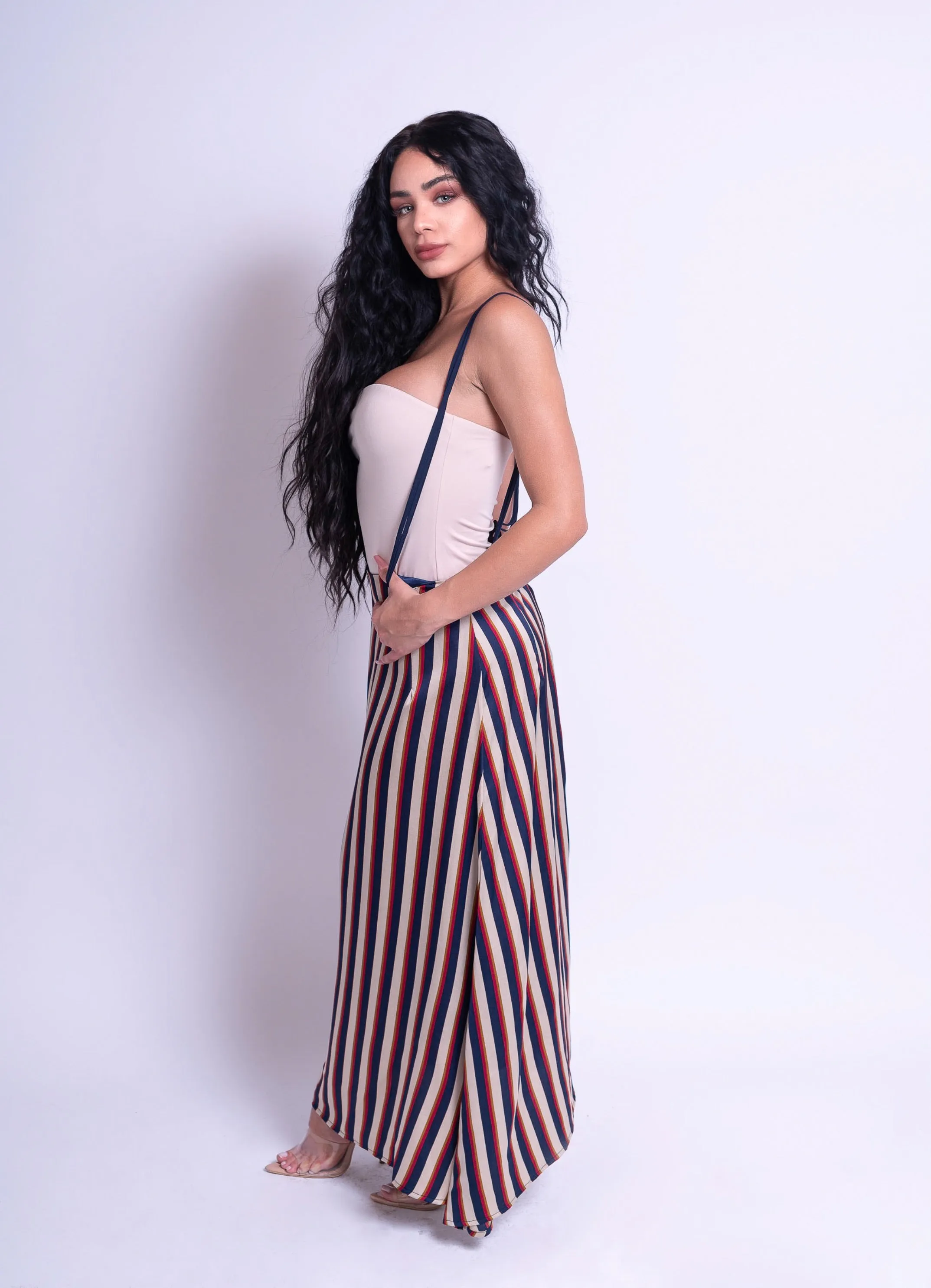 Ally | Satin Suspender Stripped Skirt