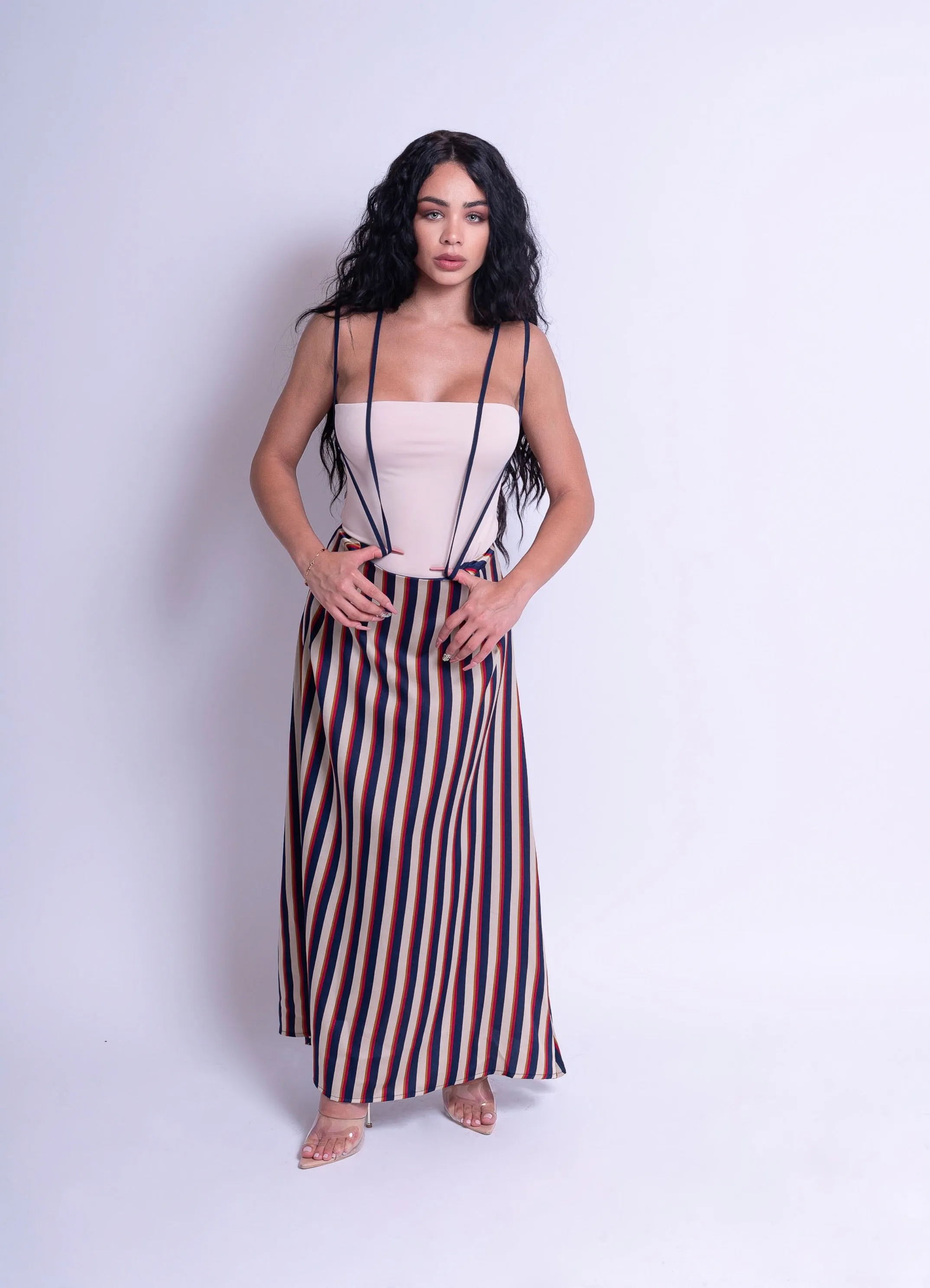 Ally | Satin Suspender Stripped Skirt