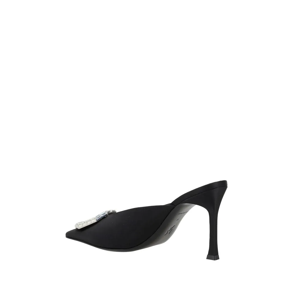 Amina Muaddi Camelia Women Black Sandals Satin Embellished Slide High Heel Shoes