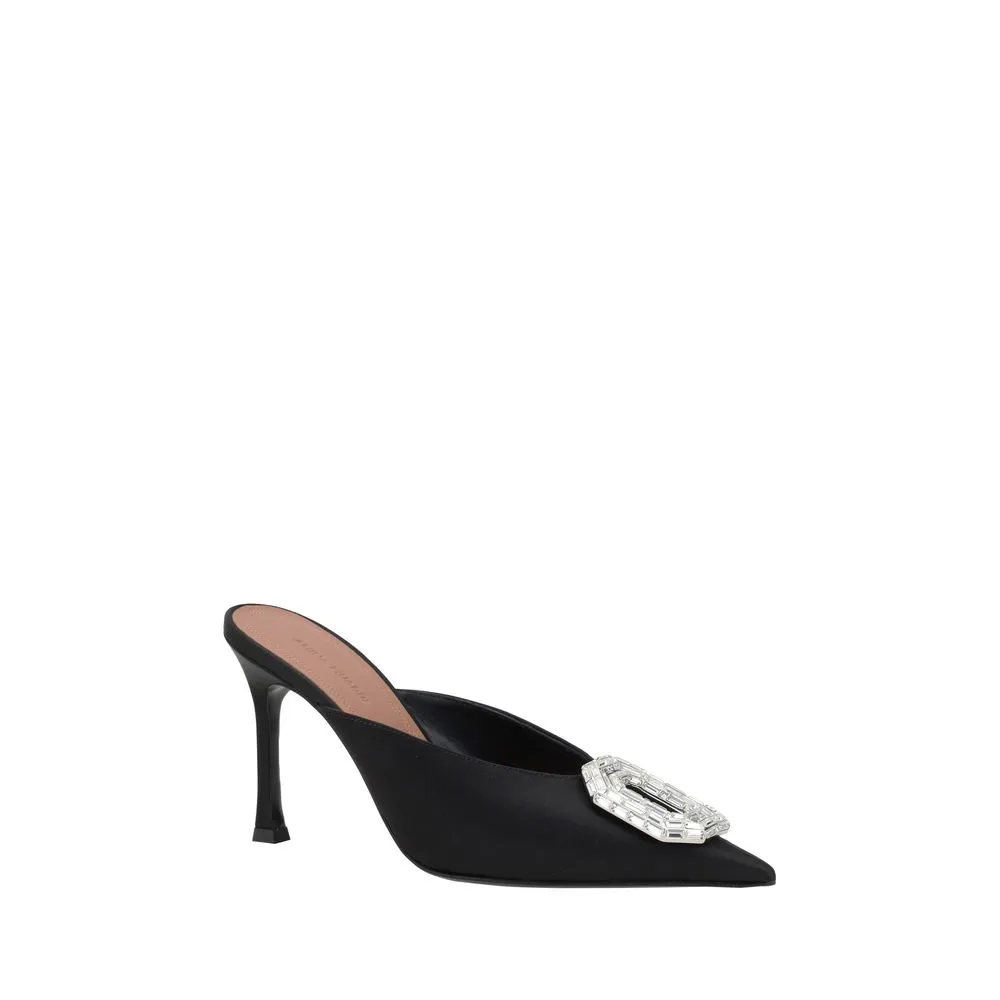 Amina Muaddi Camelia Women Black Sandals Satin Embellished Slide High Heel Shoes