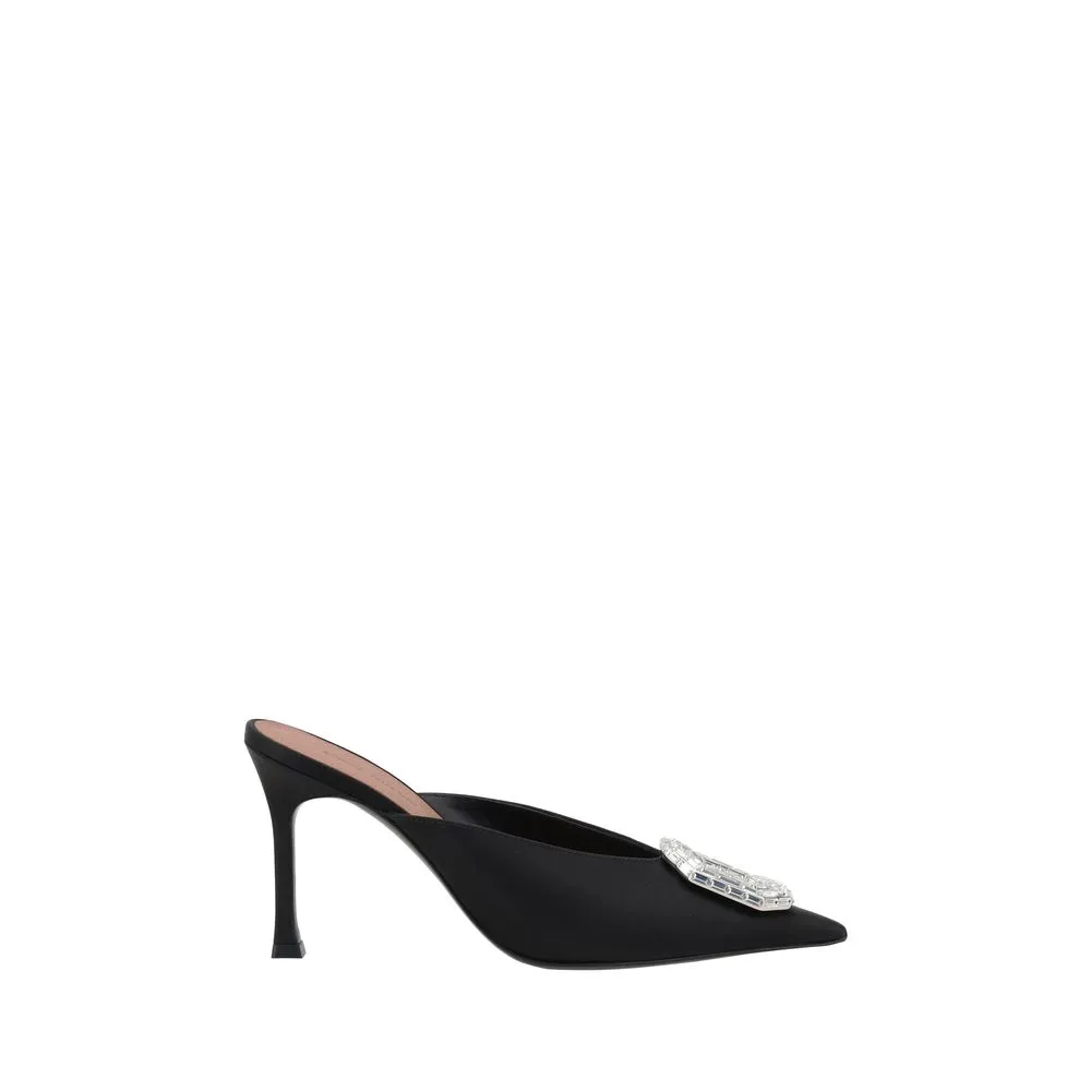 Amina Muaddi Camelia Women Black Sandals Satin Embellished Slide High Heel Shoes