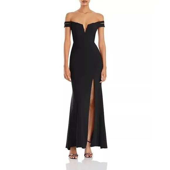 AQUA FORMAL Women's Black Off-The-Shoulder Notched Sweetheart Side-Slit Gown SZ6