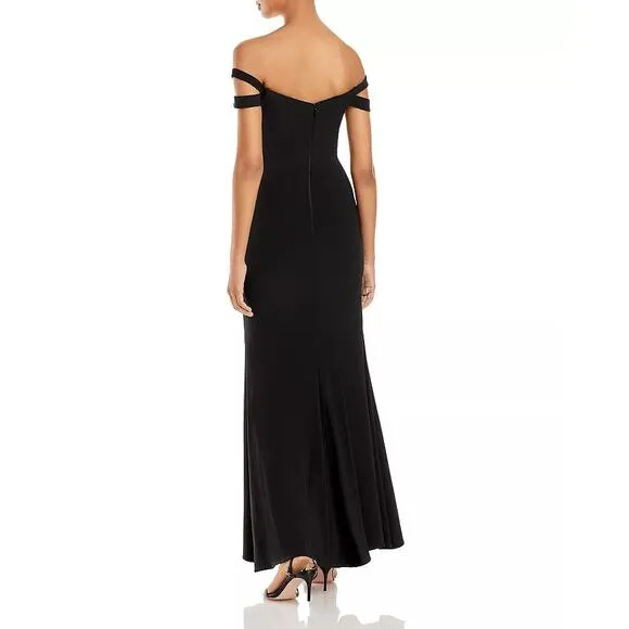 AQUA FORMAL Women's Black Off-The-Shoulder Notched Sweetheart Side-Slit Gown SZ6