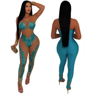 Athena Strapless Sheer Appliqué Bodycon Catsuit