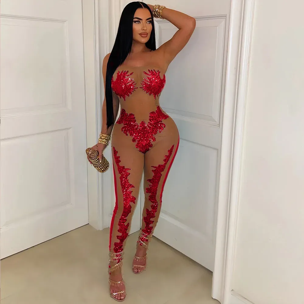 Athena Strapless Sheer Appliqué Bodycon Catsuit