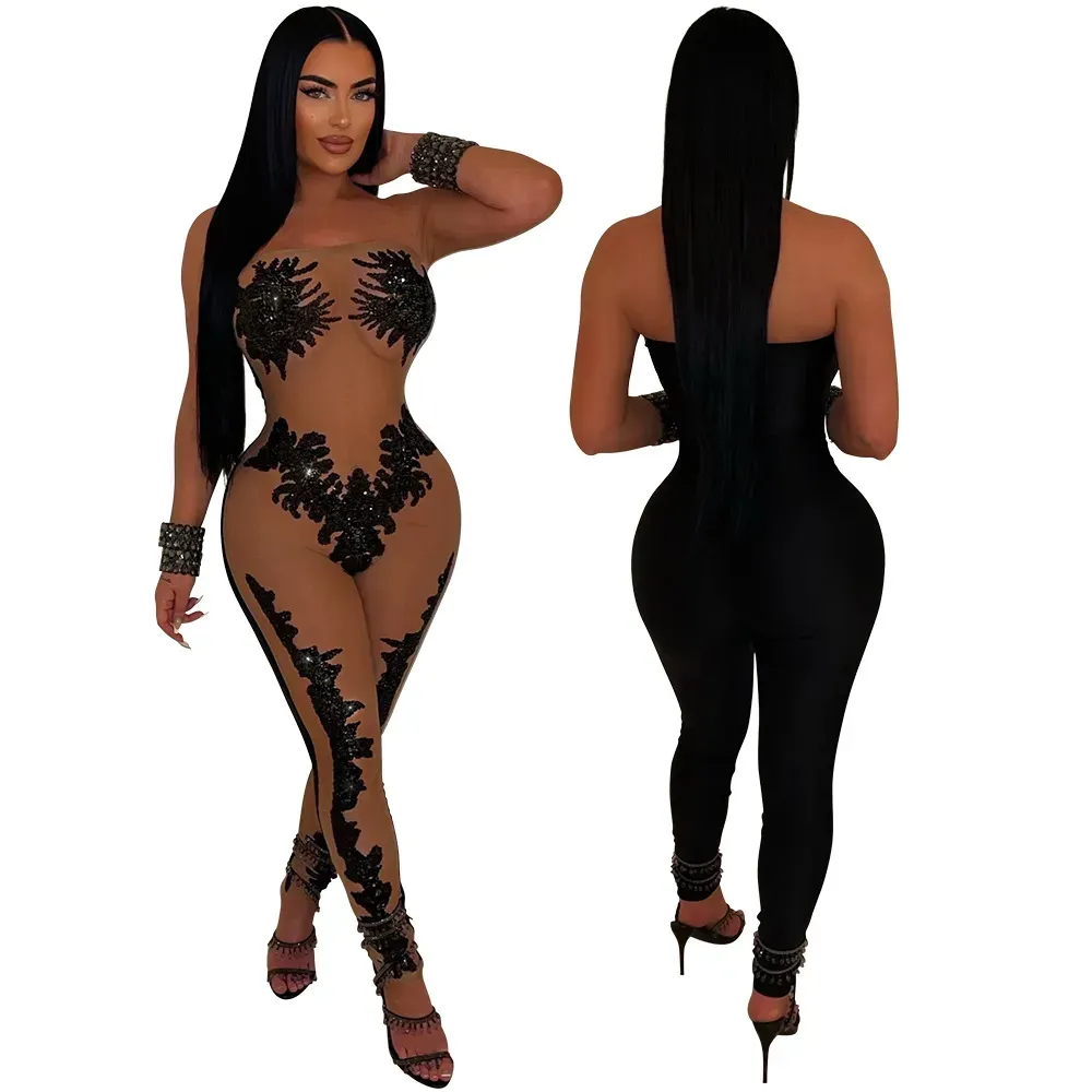 Athena Strapless Sheer Appliqué Bodycon Catsuit