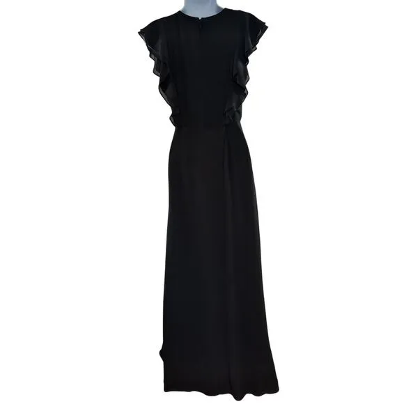 BCBGMAXAZRIA Callie Maxi Dress Size 0 Black Flutter Sleeve V Neck Slit Front