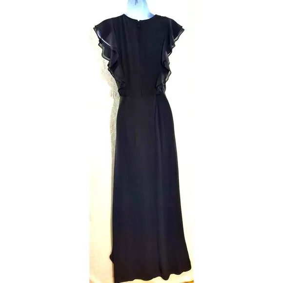 BCBGMAXAZRIA Callie Maxi Dress Size 0 Black Flutter Sleeve V Neck Slit Front