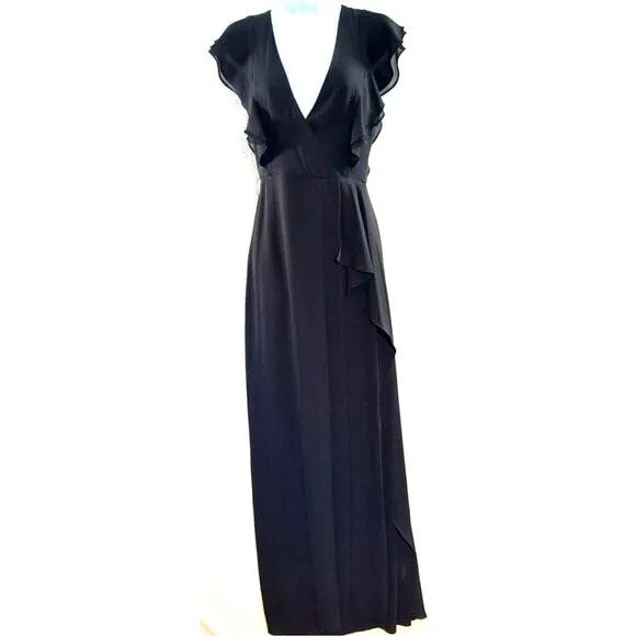 BCBGMAXAZRIA Callie Maxi Dress Size 0 Black Flutter Sleeve V Neck Slit Front